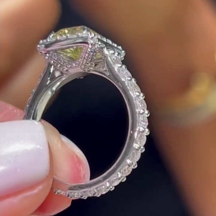 3.40tcw Cushion Cut Yellow Diamond Engagement Ring | Halo with Side Diamonds