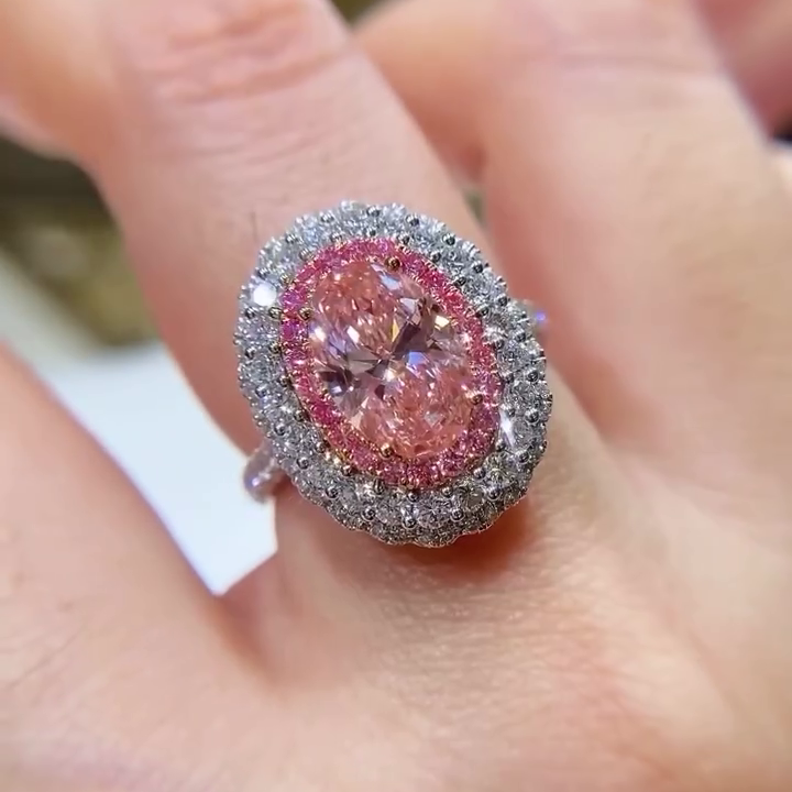 Oval Fancy Pink 3.15tcw Lab Diamond Halo Engagement Ring | Hidden Halo | IGI Certified