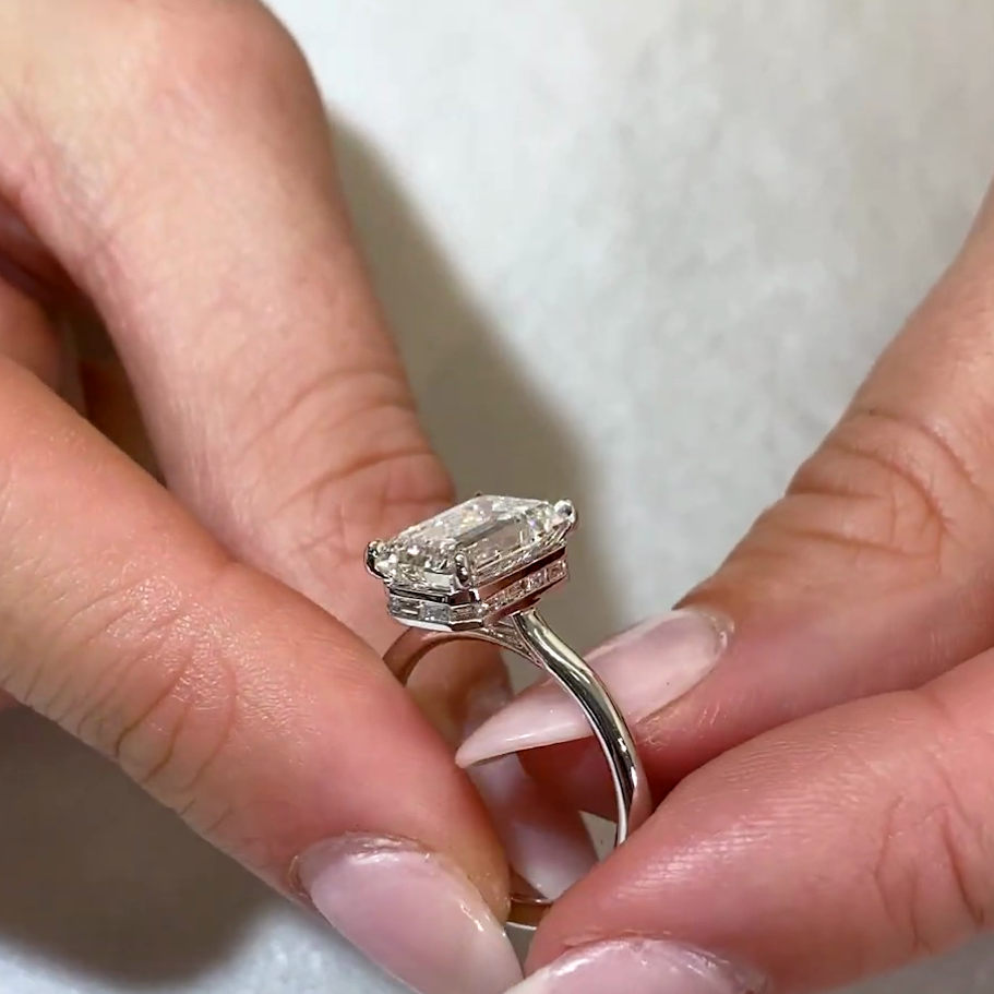 3.10tcw Emerald Lab Diamond Engagement Ring | Hidden Halo | Baguette Accents | IGI Certified