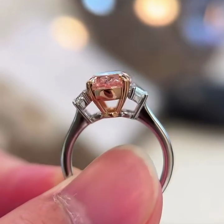 Oval Fancy Pink 3.00tcw Lab Grown Diamond Two Tone Three Stone Engagement Ring, VS Clarity