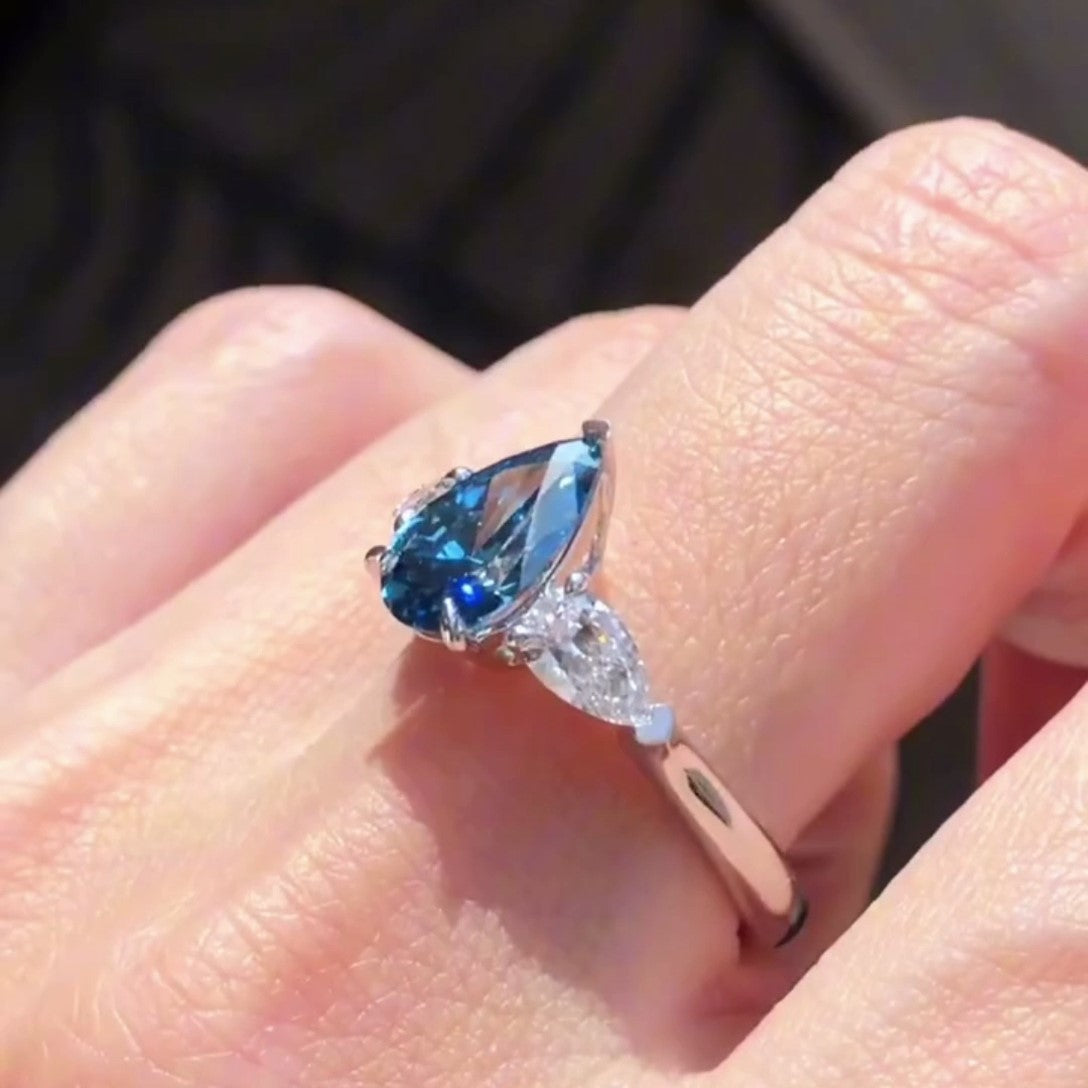 Pear Fancy Blue 2.10tcw Lab Diamond Three Stone Pavé Ring | IGI VVS–VS