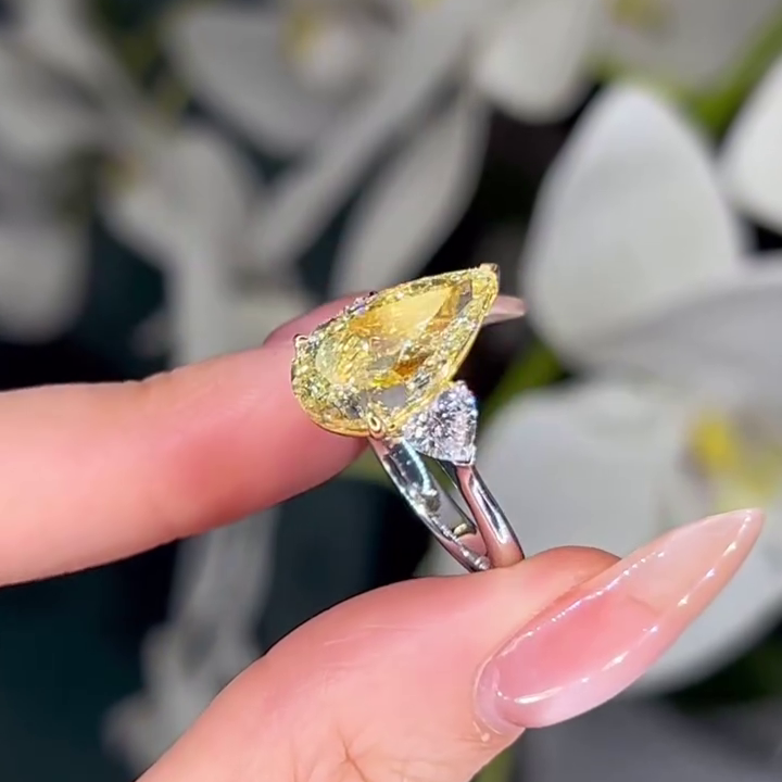 Pear Fancy Yellow 6.00tcw Lab Diamond Two Tone Three Stone Ring | Cathedral Setting | VVS–VS