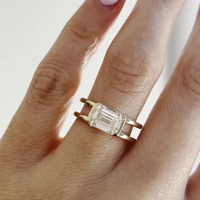 Emerald 3.00ct Lab Grown Diamond Engagement Ring | East-West Half Bezel Split Shank | IGI Certified