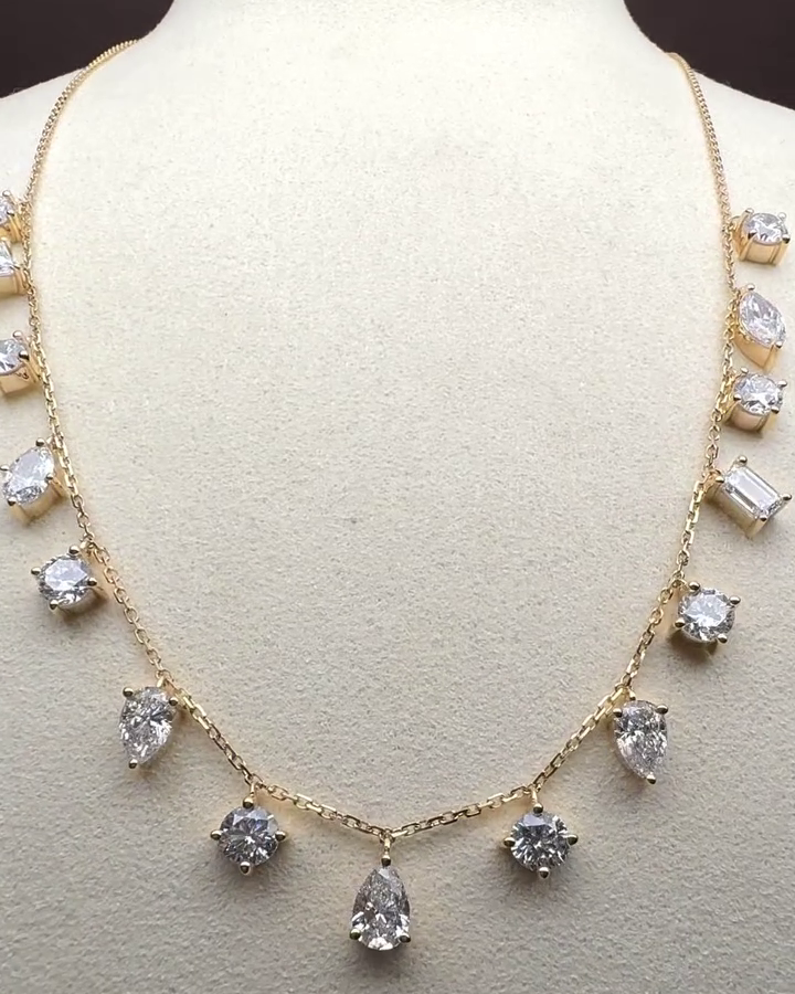 7.50tcw Lab Grown Diamond Dangle Necklace | Multi-Shape Round, Pear, Oval, Marquise, Emerald, Princess | Yellow Gold | IGI Certified