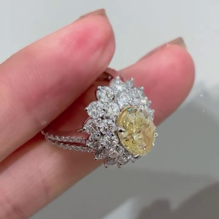 Yellow 1.50ct Lab Grown Diamond Halo Ring | Oval Fancy Yellow Diamond | 2.00ct White Side Stones | Double Halo Engagement Ring