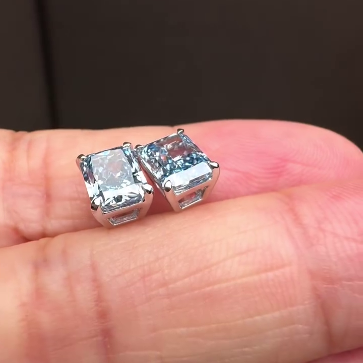 Radiant Fancy Blue 2.00tcw Lab Grown Diamond Stud Earrings | Basket Set in White Gold | VVS–VS Clarity | IGI Certified | Ethical Sparkle
