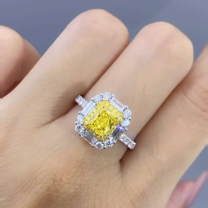 Fancy Yellow 2.50tcw Lab Diamond Halo Engagement Ring | Radiant Cut | IGI Certified