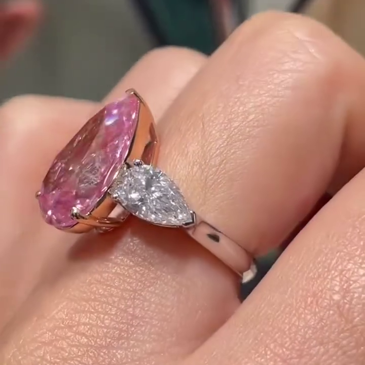 Fancy Pink 11.00tcw Pear Lab Grown Diamond Three Stone Engagement Ring | IGI Certified