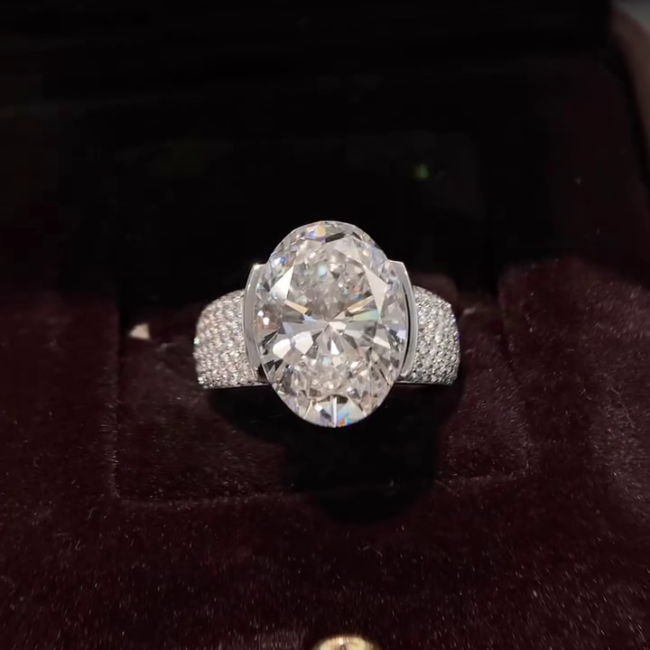 Oval 11.50tcw Lab Diamond Ring | Pave Half Bezel | IGI Certified | D-E-F Color | VVS–VS Clarity
