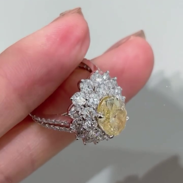 Yellow 1.50ct Lab Grown Diamond Halo Ring | Oval Fancy Yellow Diamond | 2.00ct White Side Stones | Double Halo Engagement Ring
