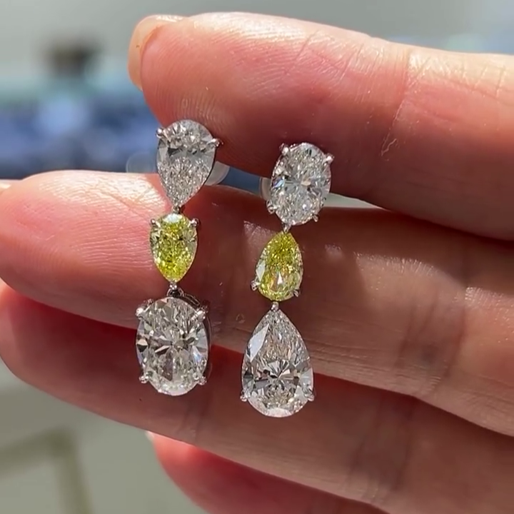 7.00tcw Pear Fancy Yellow & Oval Lab Grown Diamond Dangle Earrings | White Gold | VVS–VS Clarity | IGI Certified | Luxury Drop Earrings
