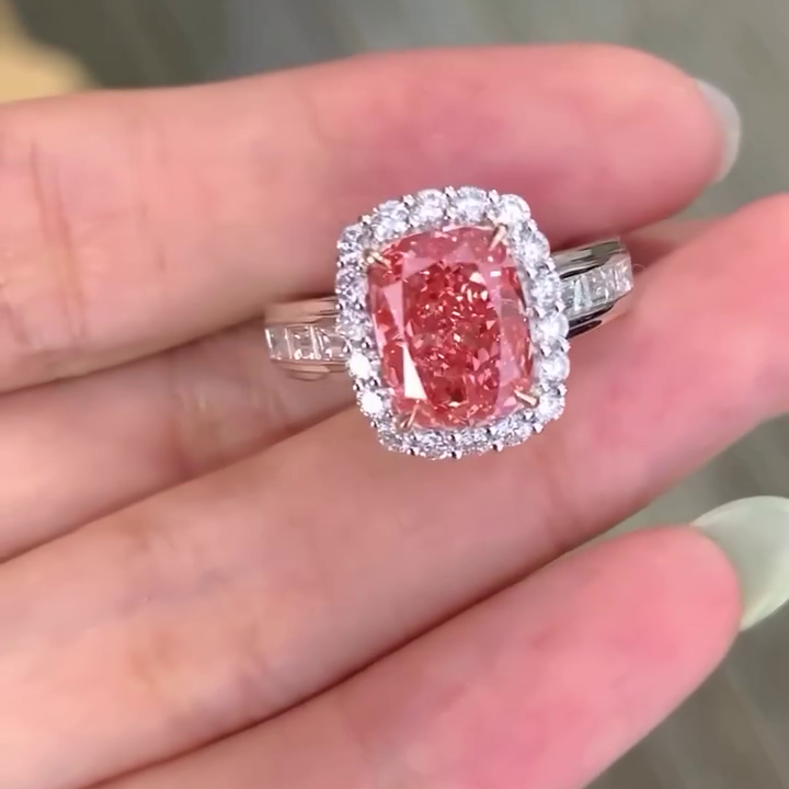 Fancy Pink 5.50tcw Cushion Lab Diamond Halo Ring | IGI Certified | VS Clarity