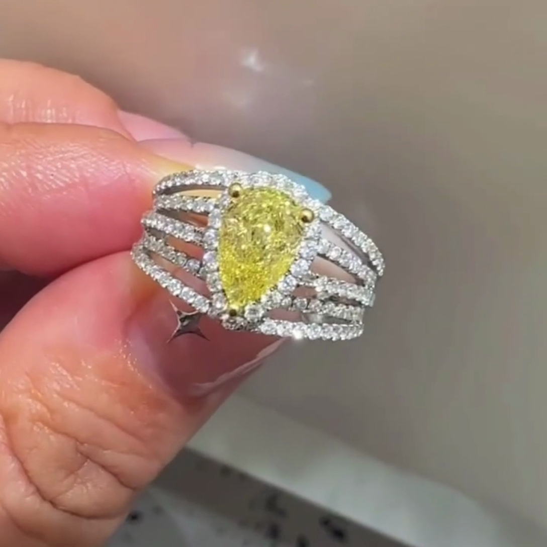 Fancy Yellow 3.00tcw Pear-Shaped Lab Diamond Engagement Ring | Pavé Split Shank