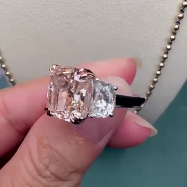 Fancy Pink 7.00tcw Lab Diamond 3-Stone Engagement Ring | 5ct Cushion Center + 2ct Side Stones | IGI Certified