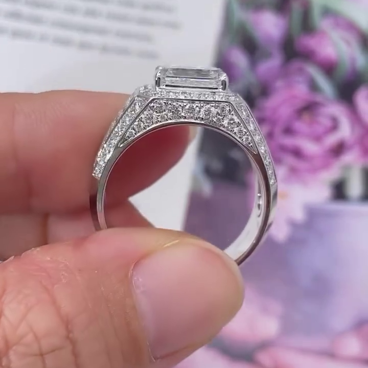 3.50tcw Men’s Engagement Ring | Emerald Lab Diamond with Round Side Stones | IGI Certified