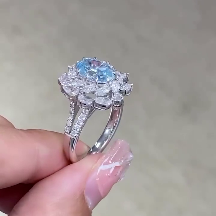 Fancy Blue Oval Lab Diamond Ring 5.00tcw with Floral Halo | VVS–VS IGI Certified