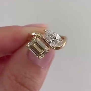 Emerald Fancy Yellow And Pear White 2.50tcw Lab Grown Diamond Two Stone Engagement Ring, VS Clarity