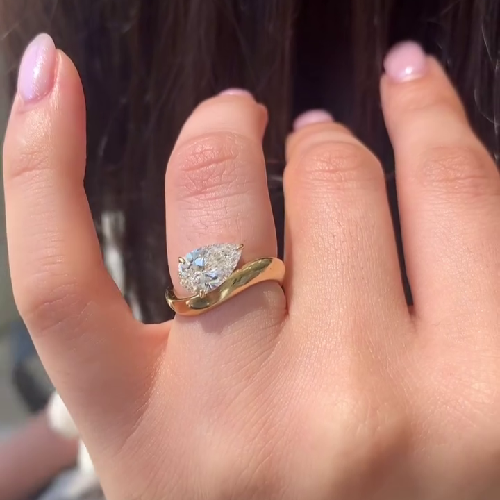 1.50tcw Pear Lab Grown Diamond Wave Band Engagement Ring | IGI Certified | Yellow Gold