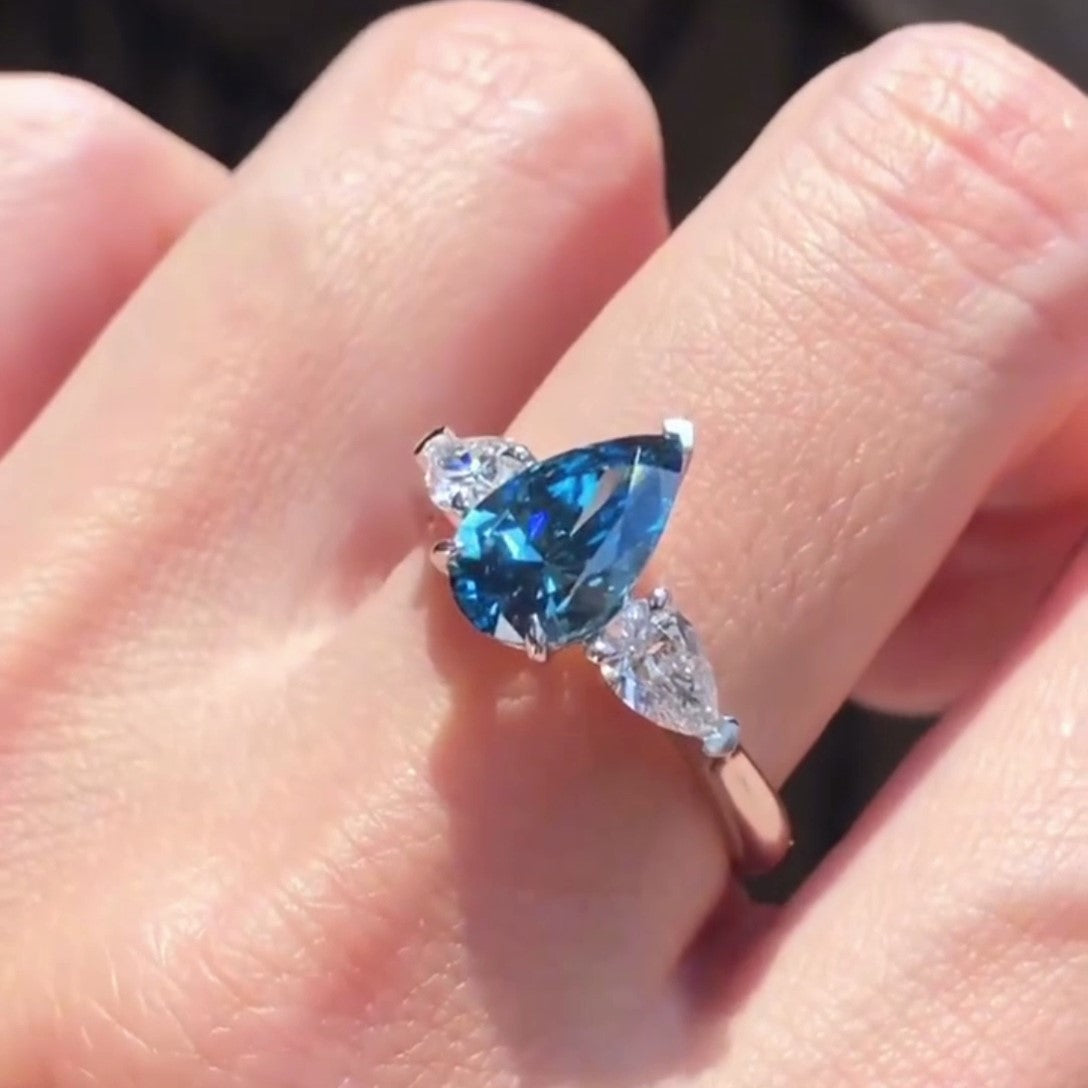 Pear Fancy Blue 2.10tcw Lab Diamond Three Stone Pavé Ring | IGI VVS–VS