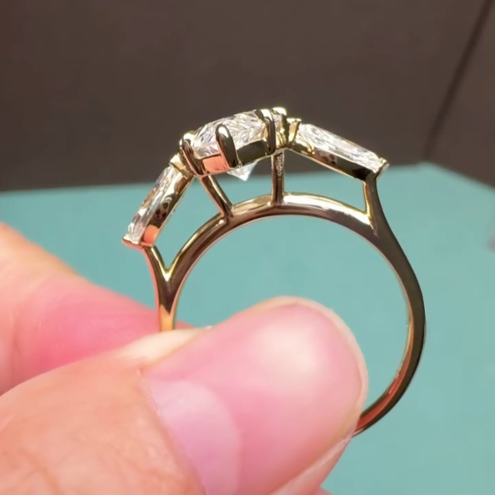 Marquise 3.60tcw Lab Grown Diamond Ring | 3.00ct Center + 0.60ct Marquise Side Stones | IGI Certified | Yellow Gold Three Stone Ring