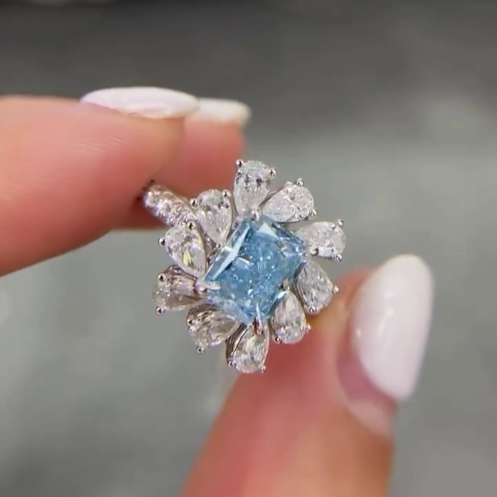 Fancy Blue Radiant 3.00tcw Lab Grown Diamond Cluster Engagement Ring | IGI Certified