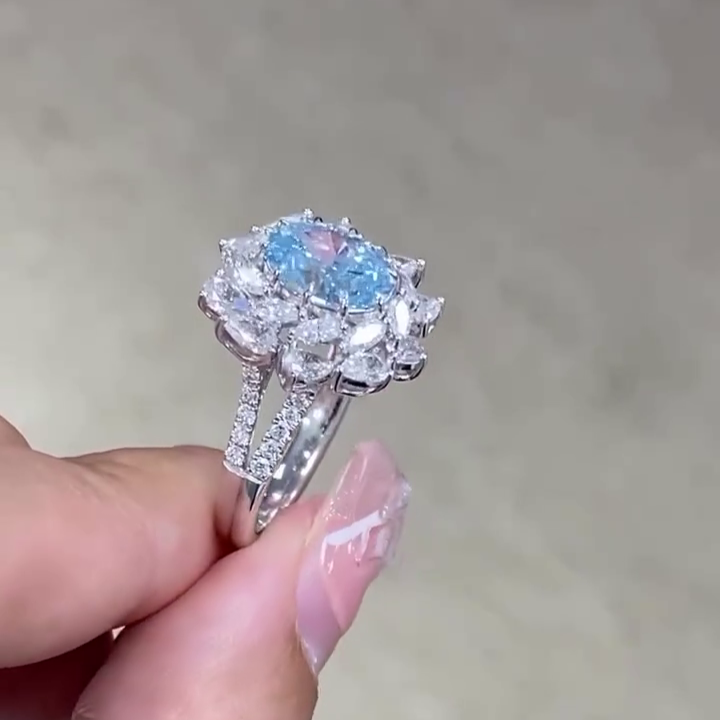 Fancy Blue Oval Lab Diamond Ring 5.00tcw with Floral Halo | VVS–VS IGI Certified