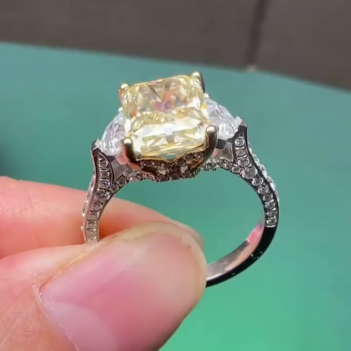Radiant Fancy Yellow 4.00ct Lab Diamond Ring | 1.50ct White Side Stones | IGI Certified