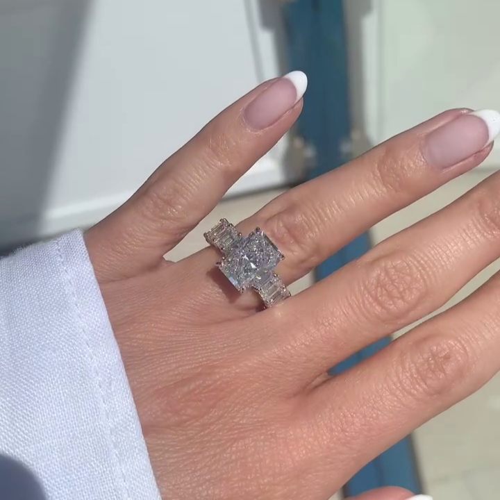 11.30tcw Radiant Lab-Grown Diamond Engagement Ring with Emerald Side Stones