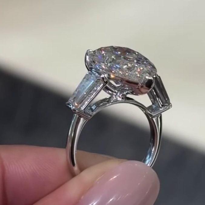 Pear 7.00ct Lab Grown Diamond Ring with 2.00ct Baguette Side Stones | IGI Certified F VS1 | Platinum Engagement Ring