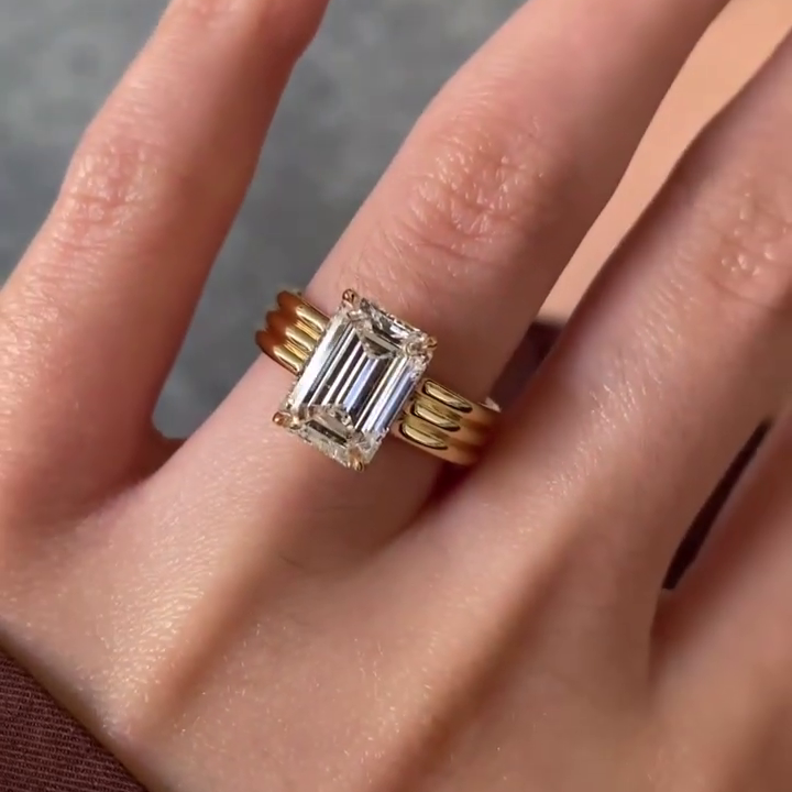 3.50ct Emerald Lab Grown Diamond Engagement Ring | Three-Rounded Band | IGI Certified