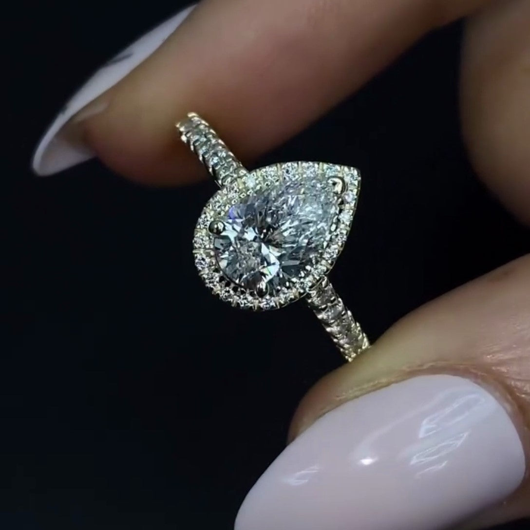 Pear 1.80tcw Lab Diamond Halo Cathedral Ring | IGI Certified | DEF VVS–VS