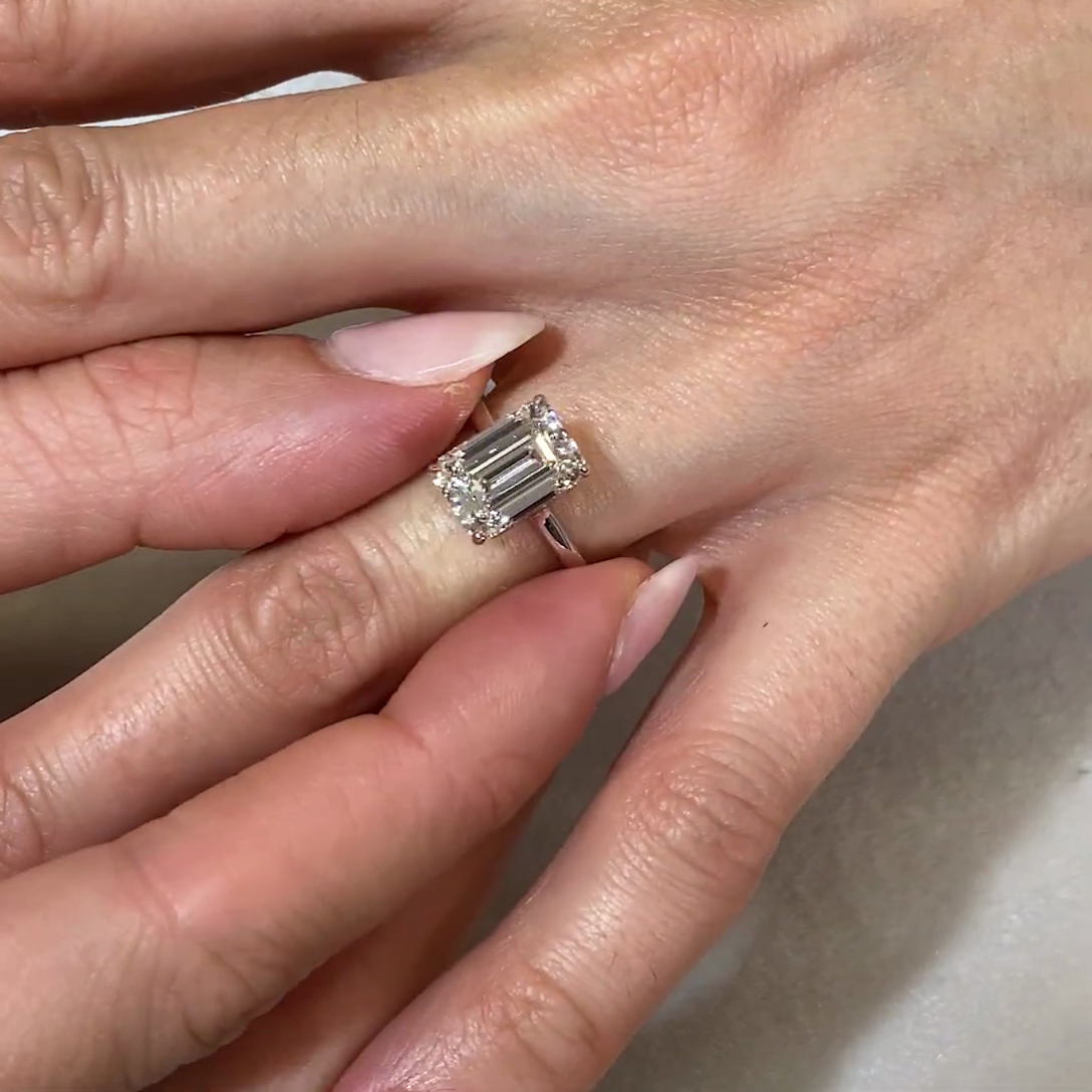 3.10tcw Emerald Lab Diamond Engagement Ring | Hidden Halo | Baguette Accents | IGI Certified