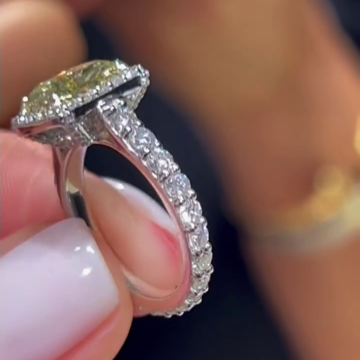 3.40tcw Cushion Cut Yellow Diamond Engagement Ring | Halo with Side Diamonds