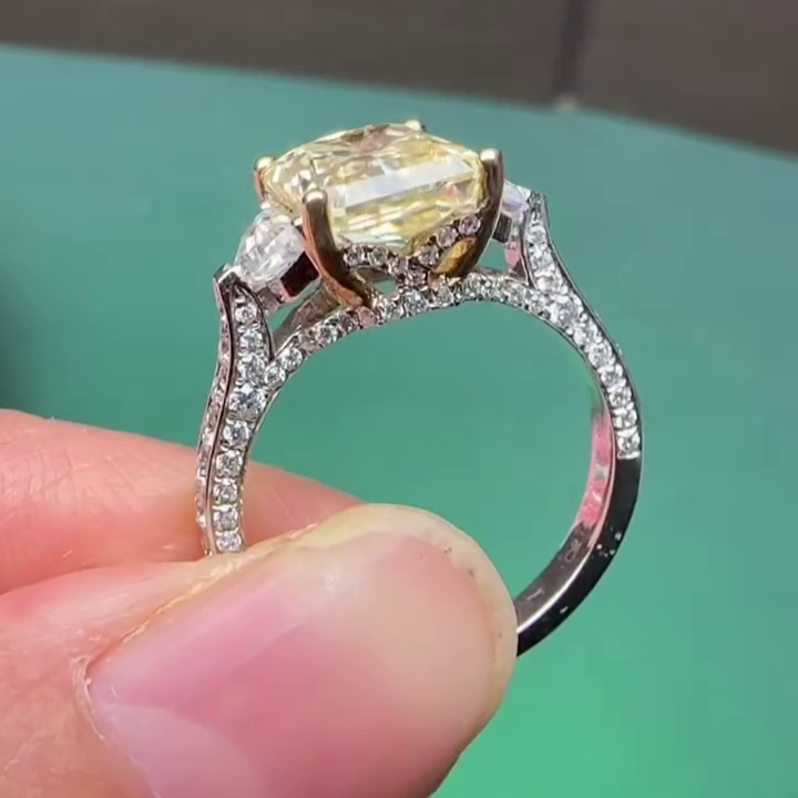 Radiant Fancy Yellow 4.00ct Lab Diamond Ring | 1.50ct White Side Stones | IGI Certified