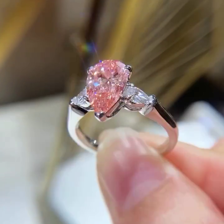 Pear Shape 2.60tcw Fancy Pink Lab Grown Diamond Engagement Ring | Three Stone Ring | 2.50ct Center | IGI Certificate