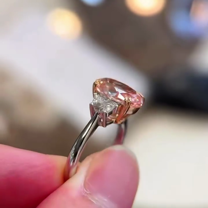 Oval Fancy Pink 3.00tcw Lab Grown Diamond Two Tone Three Stone Engagement Ring, VS Clarity