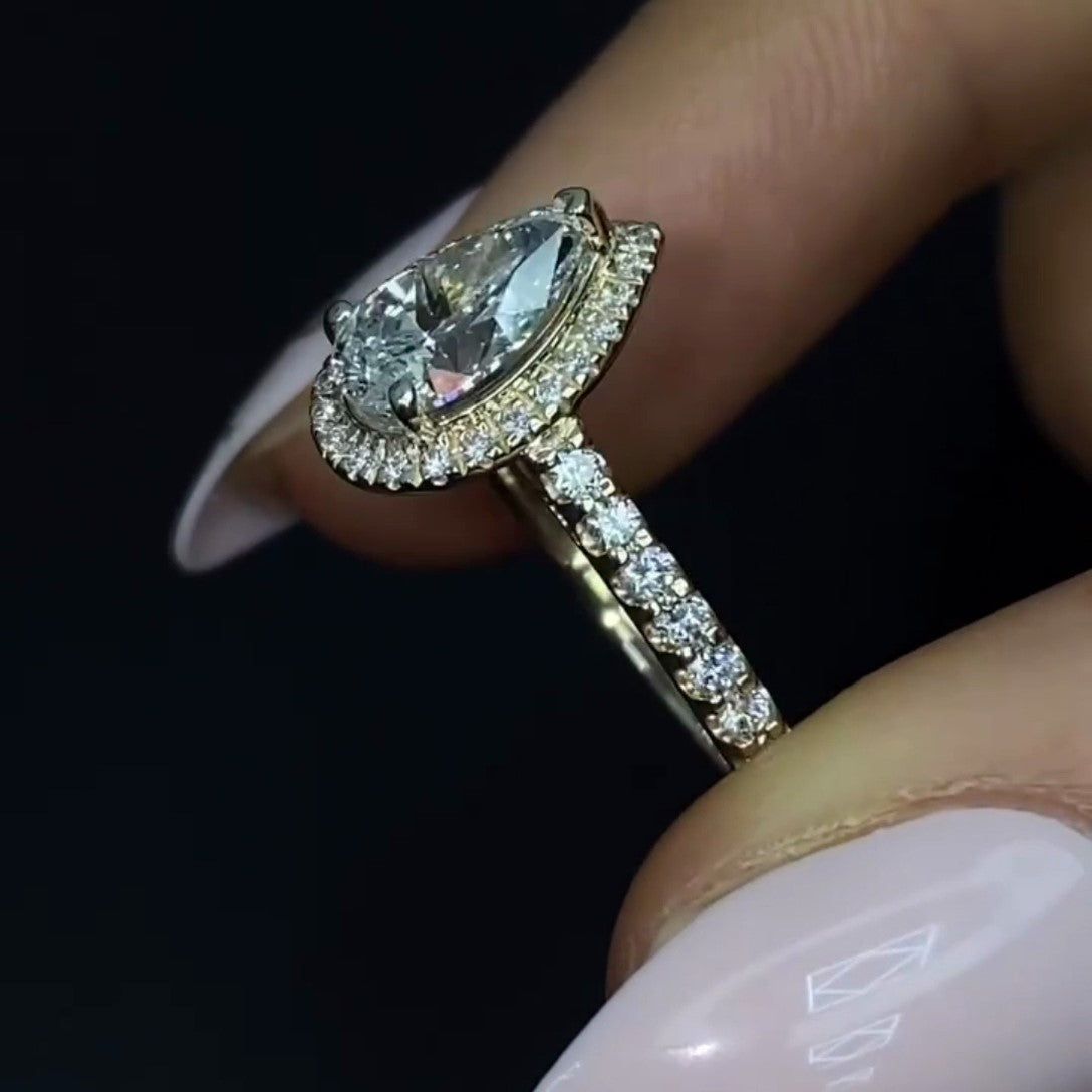 Pear 1.80tcw Lab Diamond Halo Cathedral Ring | IGI Certified | DEF VVS–VS