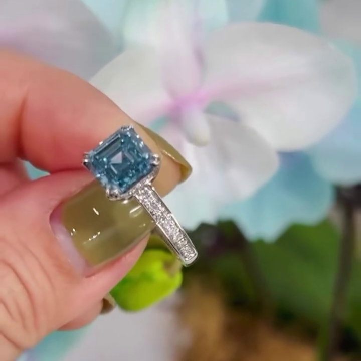 Fancy Blue Asscher 2.90tcw Lab Grown Diamond Engagement Ring | IGI Certified