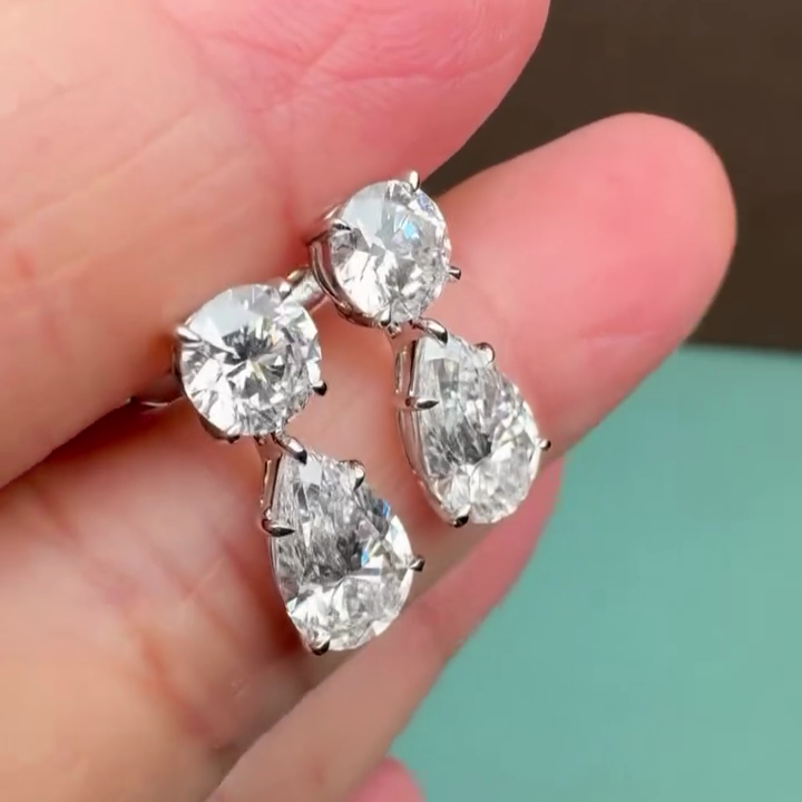 Round And Pear 10.00tcw Lab Grown Diamond Dangle Drop Earrings, D-E-F Color, VVS-VS Clarity