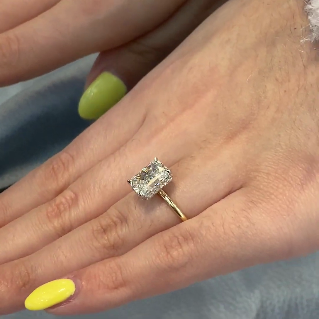 3.10tcw Radiant Lab Grown Diamond Engagement Ring | Hidden Halo | IGI Certified | Gold