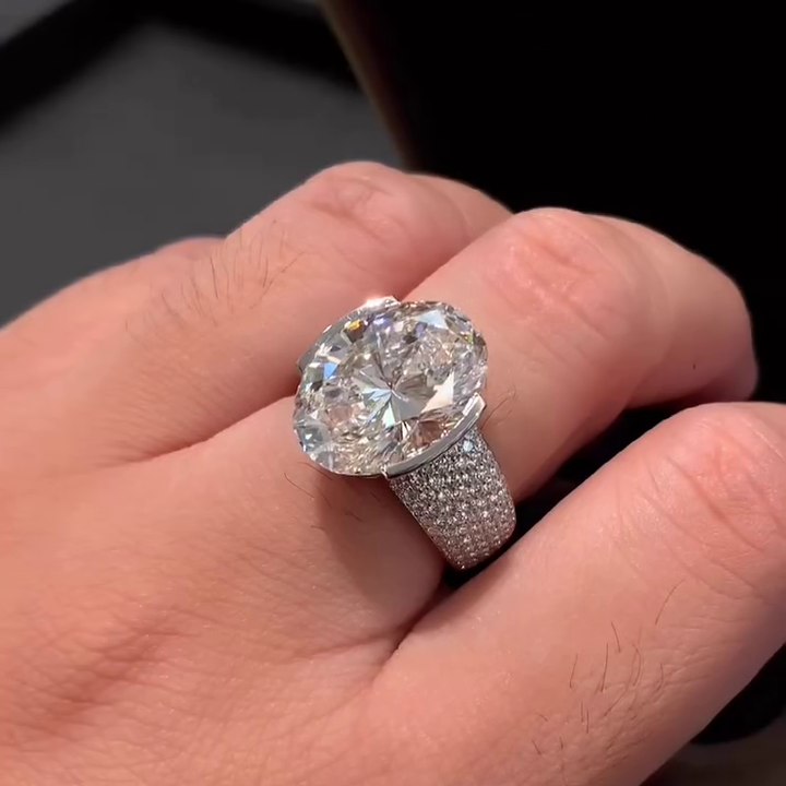 Oval 11.50tcw Lab Diamond Ring | Pave Half Bezel | IGI Certified | D-E-F Color | VVS–VS Clarity