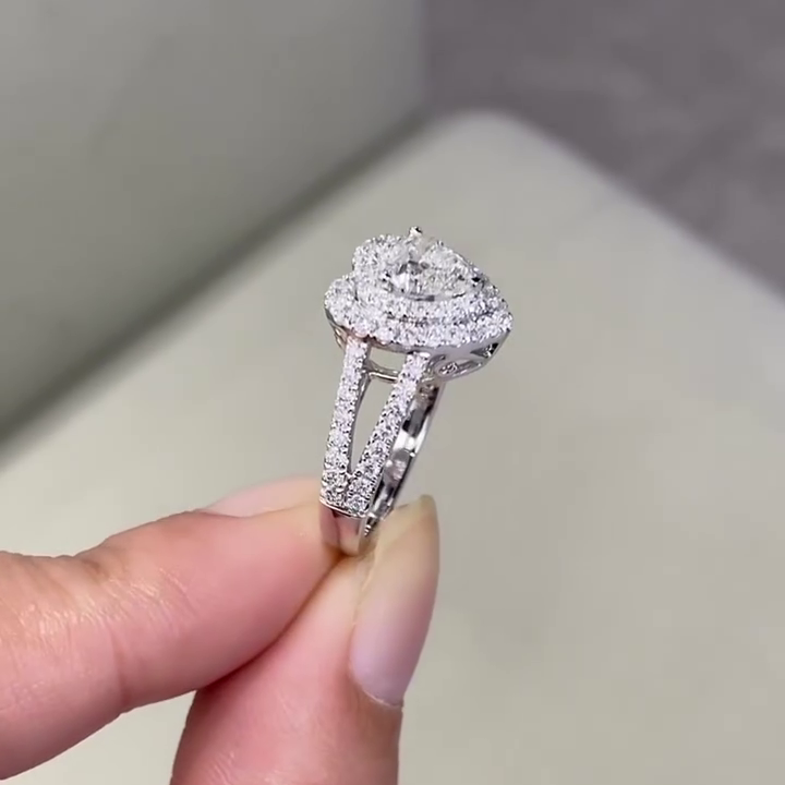 Heart 1.80tcw Lab Grown Diamond Engagement Ring | Double Halo | Split Shank Design | D-E-F Color | VVS–VS Clarity | IGI Certified