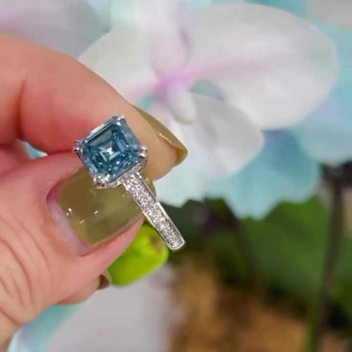 Fancy Blue Asscher 2.90tcw Lab Grown Diamond Engagement Ring | IGI Certified