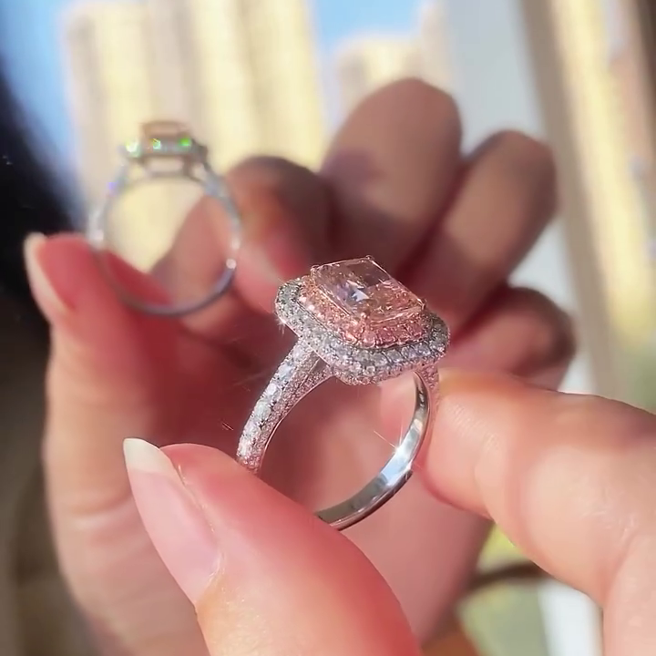 Fancy Pink Lab Diamond Ring 6.00tcw | 5ct Radiant Halo Engagement Ring | IGI Certified