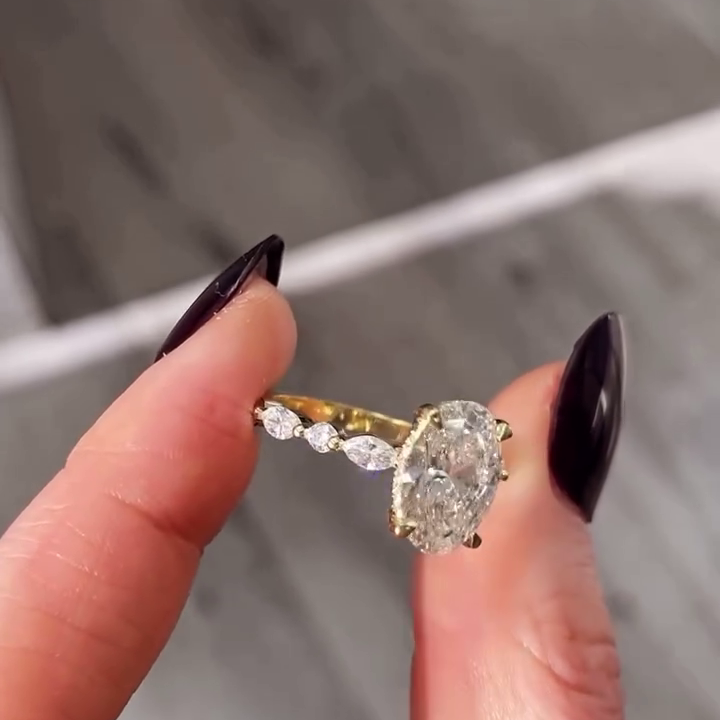 Oval 5.00tcw Lab Grown Diamond Engagement Ring | 4ct Center + 1ct Side | IGI Certified | Yellow Gold