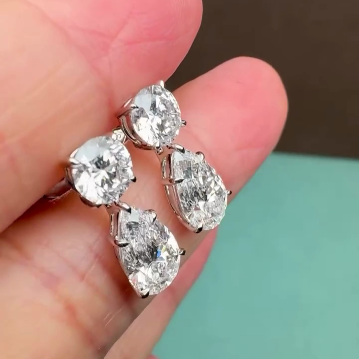 Round And Pear 10.00tcw Lab Grown Diamond Dangle Drop Earrings, D-E-F Color, VVS-VS Clarity
