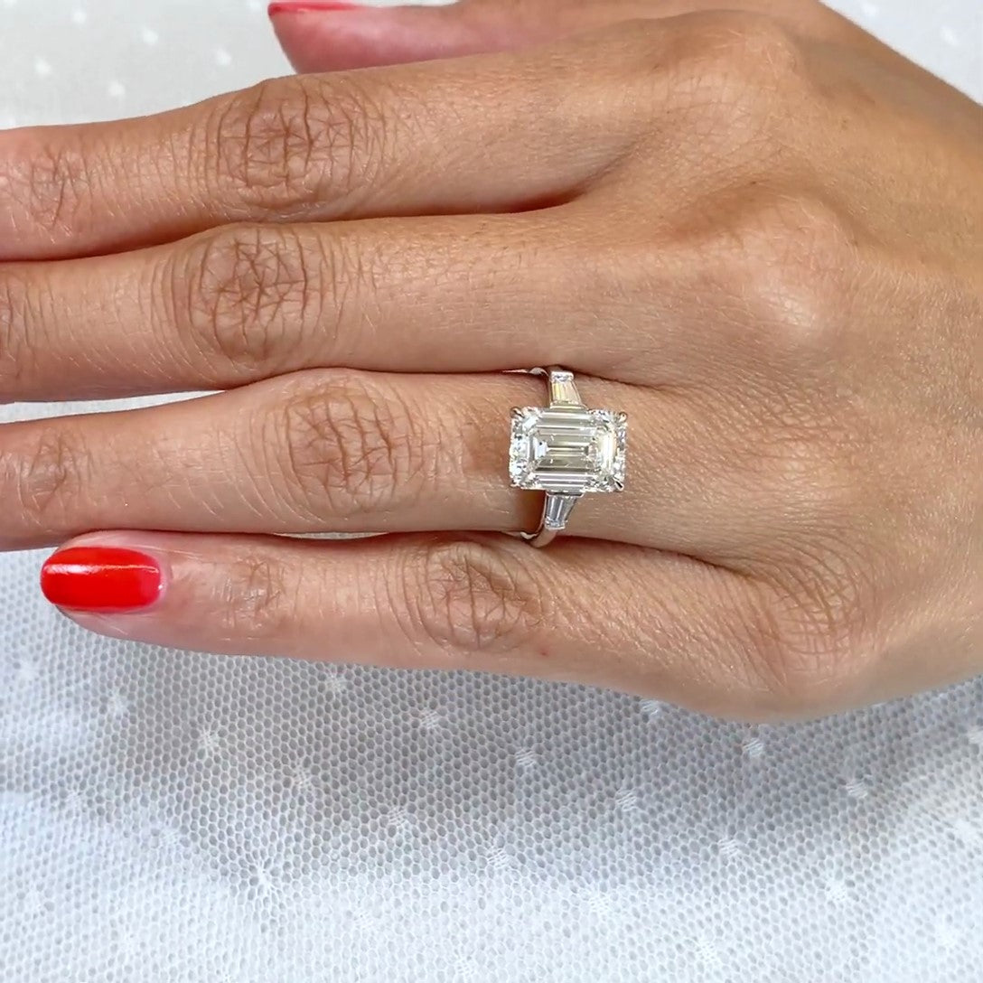 Emerald Cut 4.70tcw Lab-Grown Diamond Engagement Ring | Cathedral Three Stone | IGI Certified
