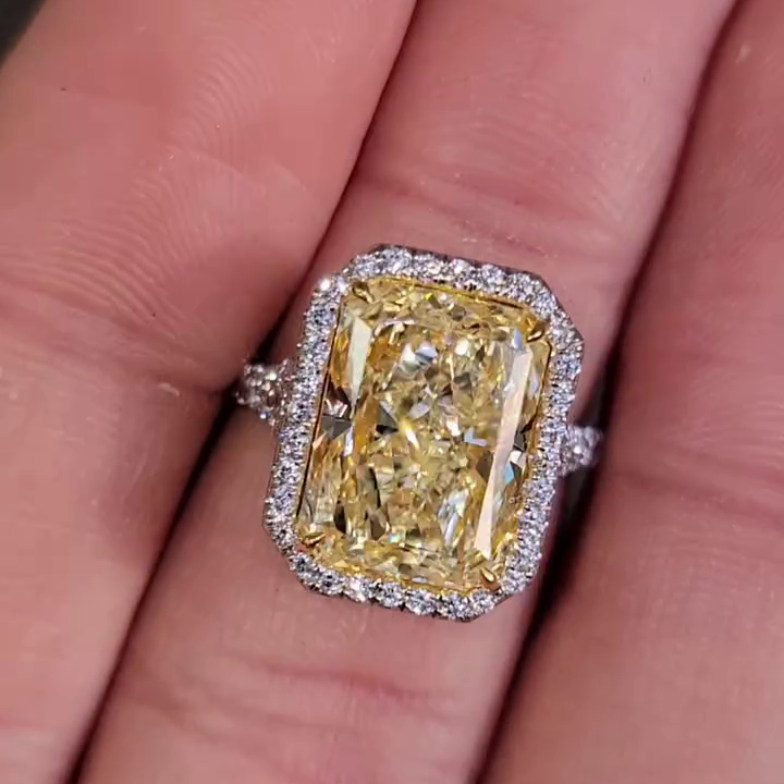 Radiant 8.30tcw Fancy Yellow Lab Diamond Ring | Pear Side Stones | Halo | IGI Certified