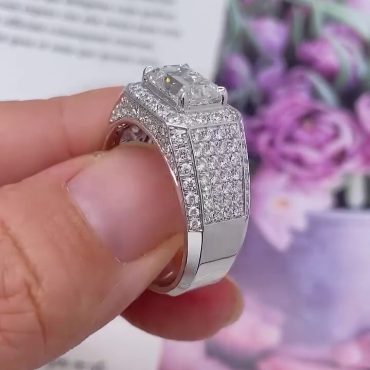 3.50tcw Men’s Engagement Ring | Emerald Lab Diamond with Round Side Stones | IGI Certified