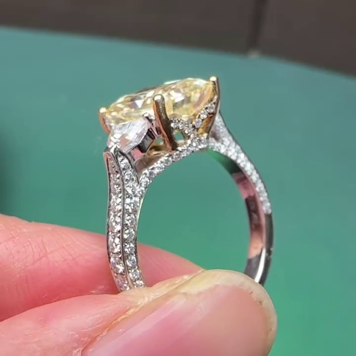 Radiant Fancy Yellow 4.00ct Lab Diamond Ring | 1.50ct White Side Stones | IGI Certified